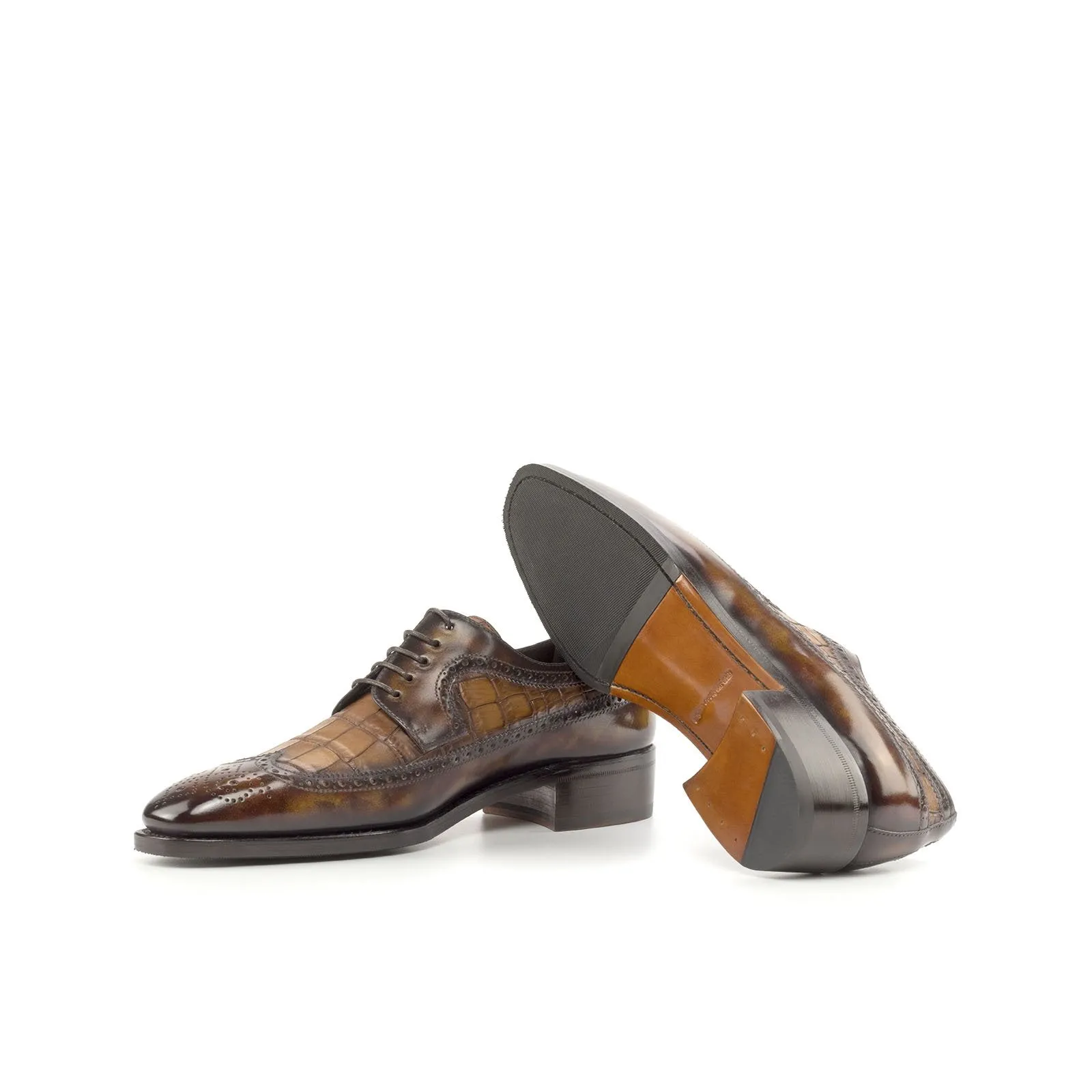 Ambrogio Bespoke Men's Shoes Brown & Fire Crocodile Print / Patina Leather Longwing Blucher Oxfords (AMB2241)