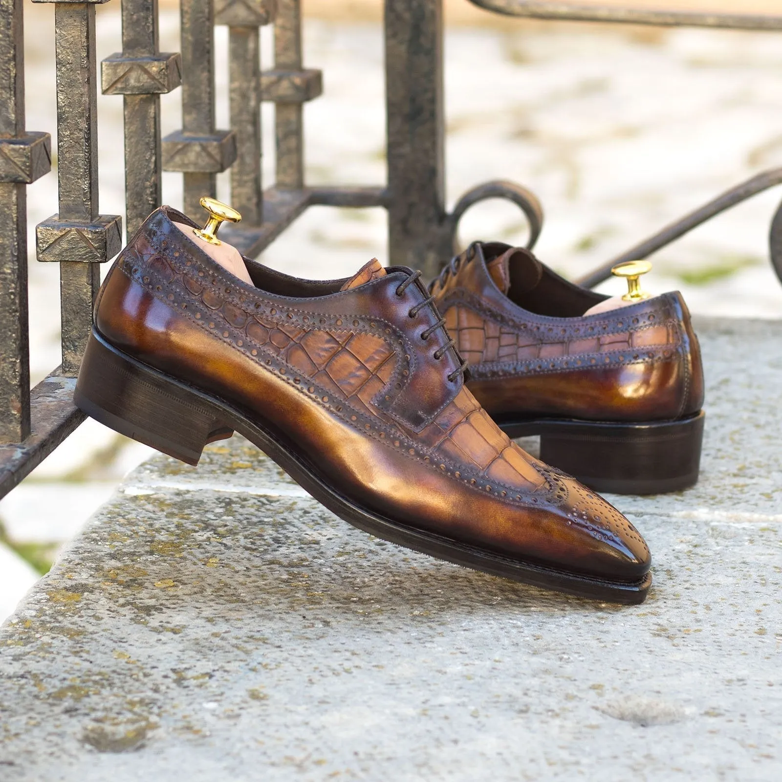 Ambrogio Bespoke Men's Shoes Brown & Fire Crocodile Print / Patina Leather Longwing Blucher Oxfords (AMB2241)