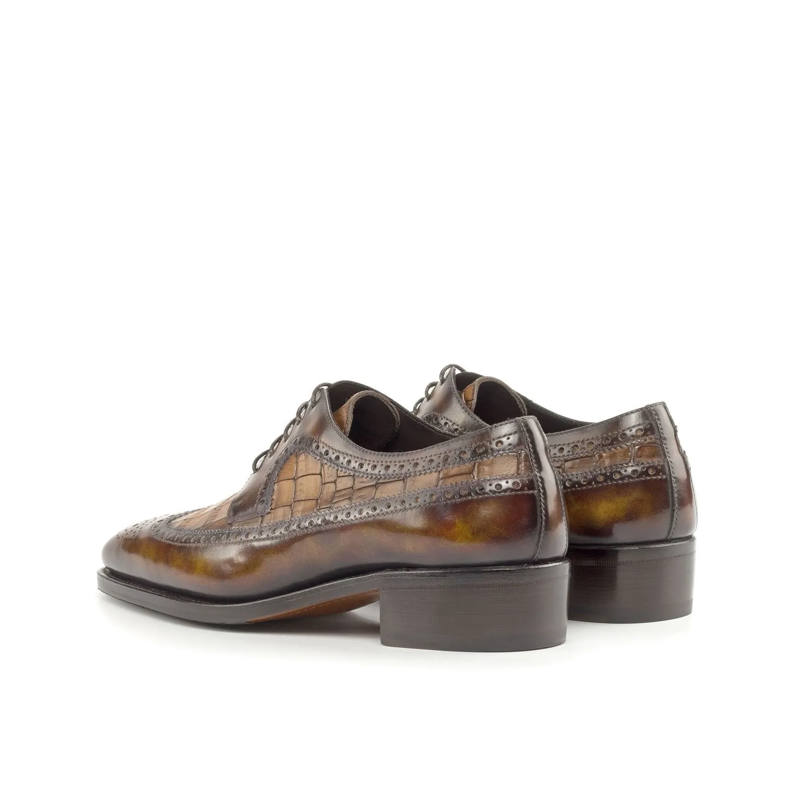 Ambrogio Bespoke Men's Shoes Brown & Fire Crocodile Print / Patina Leather Longwing Blucher Oxfords (AMB2241)