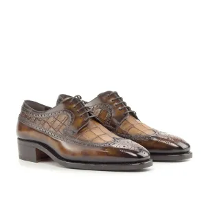 Ambrogio Bespoke Men's Shoes Brown & Fire Crocodile Print / Patina Leather Longwing Blucher Oxfords (AMB2241)
