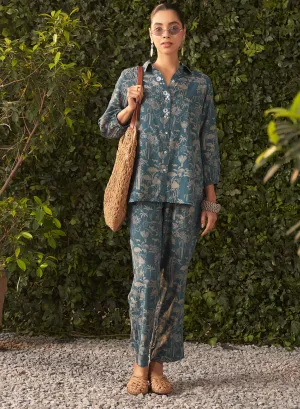 Anaya Smokey Blue Printed Rayon Co-ord Set for Women