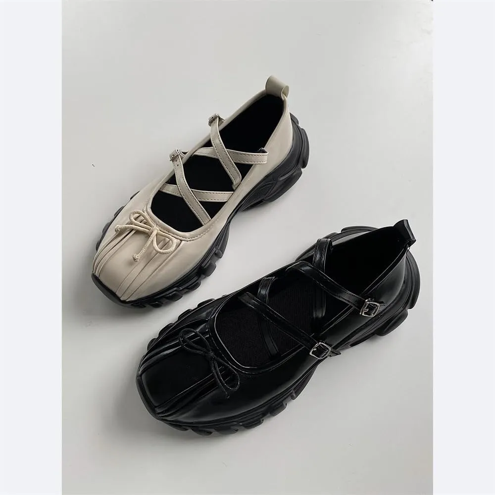 Ballet Sneakers for Women Round Toe Sneakerina Comfort Wear Bows Dad Shoes Mary Jane Chunky Platform Cute Y2K Retro Kawaii Elegant Dressy Fashion Trendy Tennis Trainers Back to School Summer Outdoors