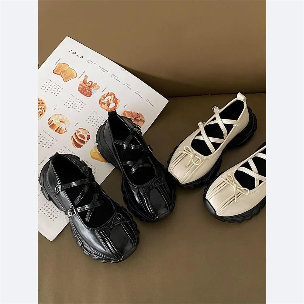 Ballet Sneakers for Women Round Toe Sneakerina Comfort Wear Bows Dad Shoes Mary Jane Chunky Platform Cute Y2K Retro Kawaii Elegant Dressy Fashion Trendy Tennis Trainers Back to School Summer Outdoors