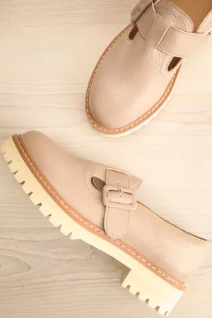 Beatrisse | Beige Faux-Leather Loafers w/ White Soles