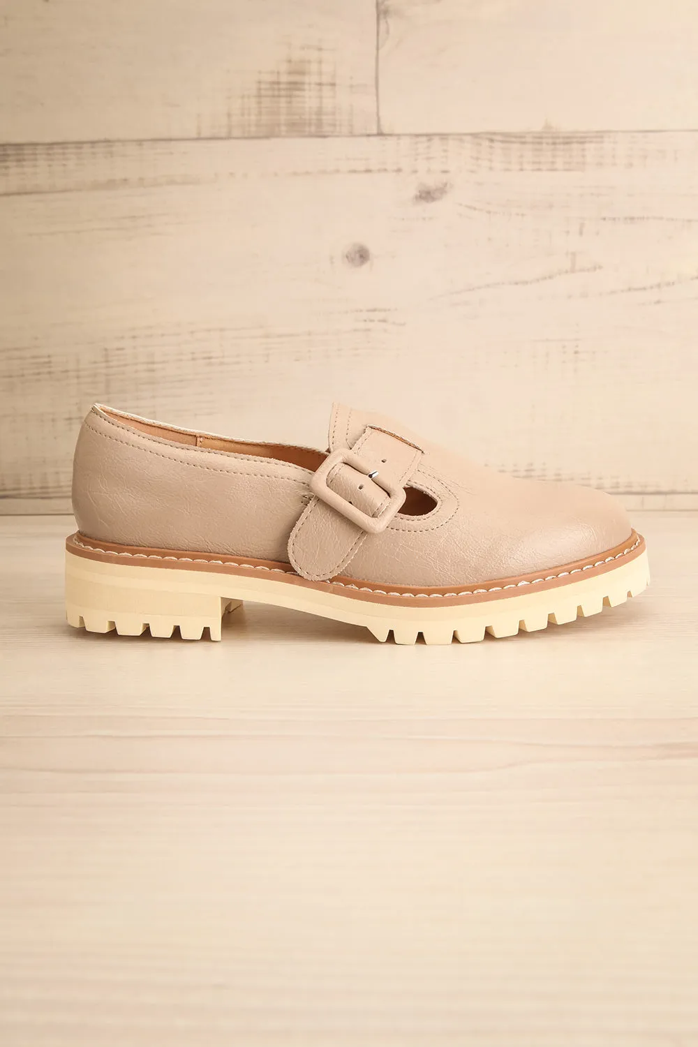 Beatrisse | Beige Faux-Leather Loafers w/ White Soles