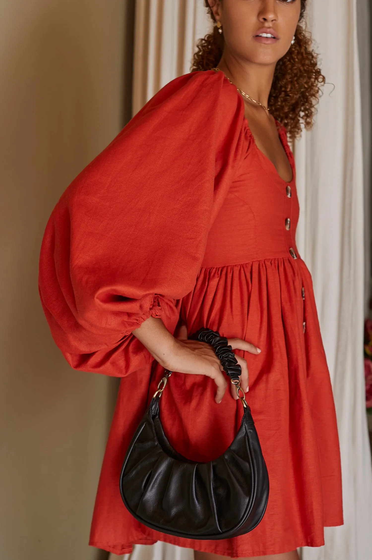Chloie Empire Waist Linen Mini Dress - Cranberry