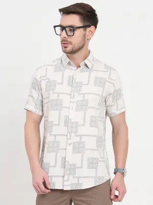 Cream & Blue Printed Slim Fit Casual Shirt | JadeBlue