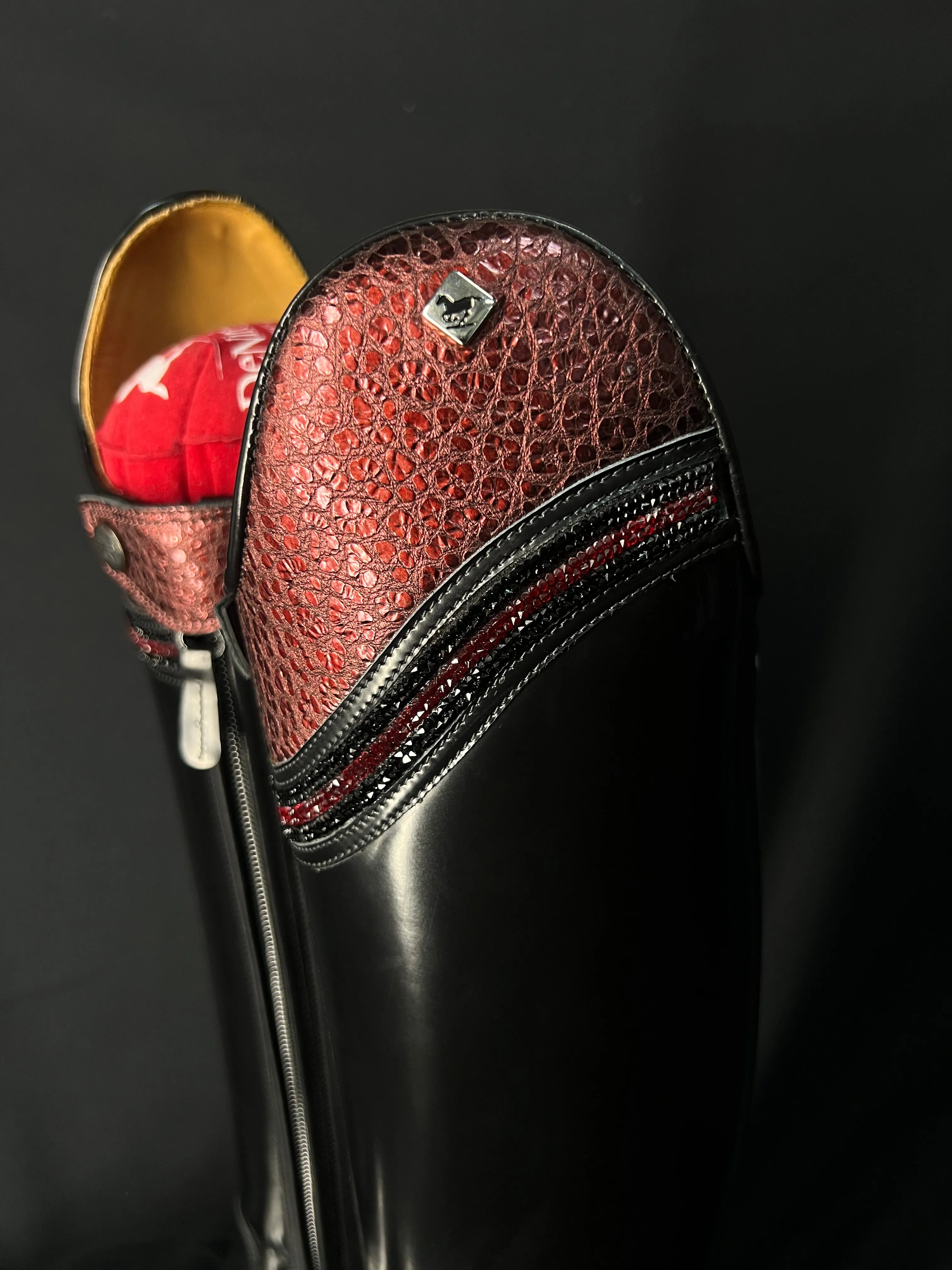 DeNiro Bellini Custom Dressage Boots Brushed Black with Bordeaux and Jet Crystals - In Stock