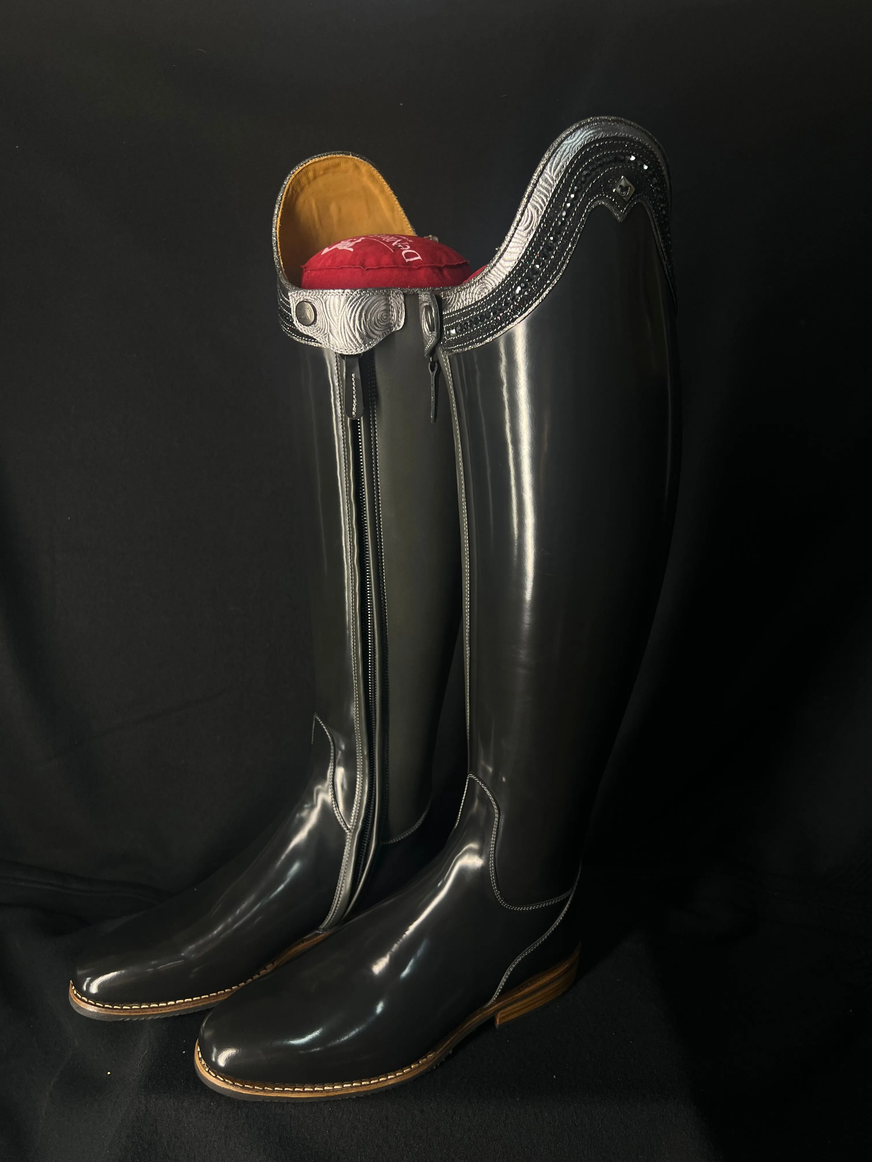 DeNiro Bellini Custom Dressage Boots Brushed Grey with Roseto Grey and Jet Crystals