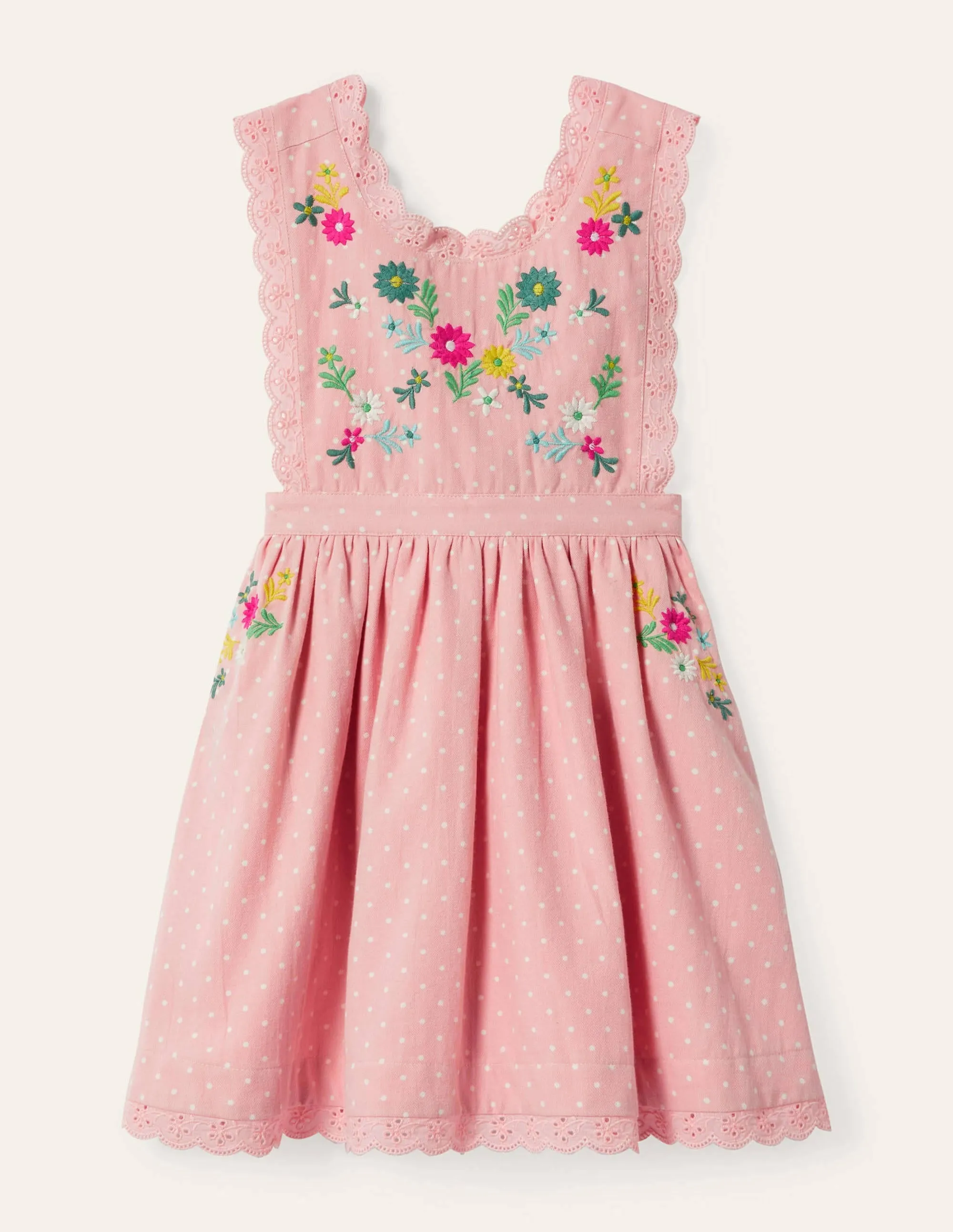 Embroidered Pinafore Dress-Boto Pink Pin Spot