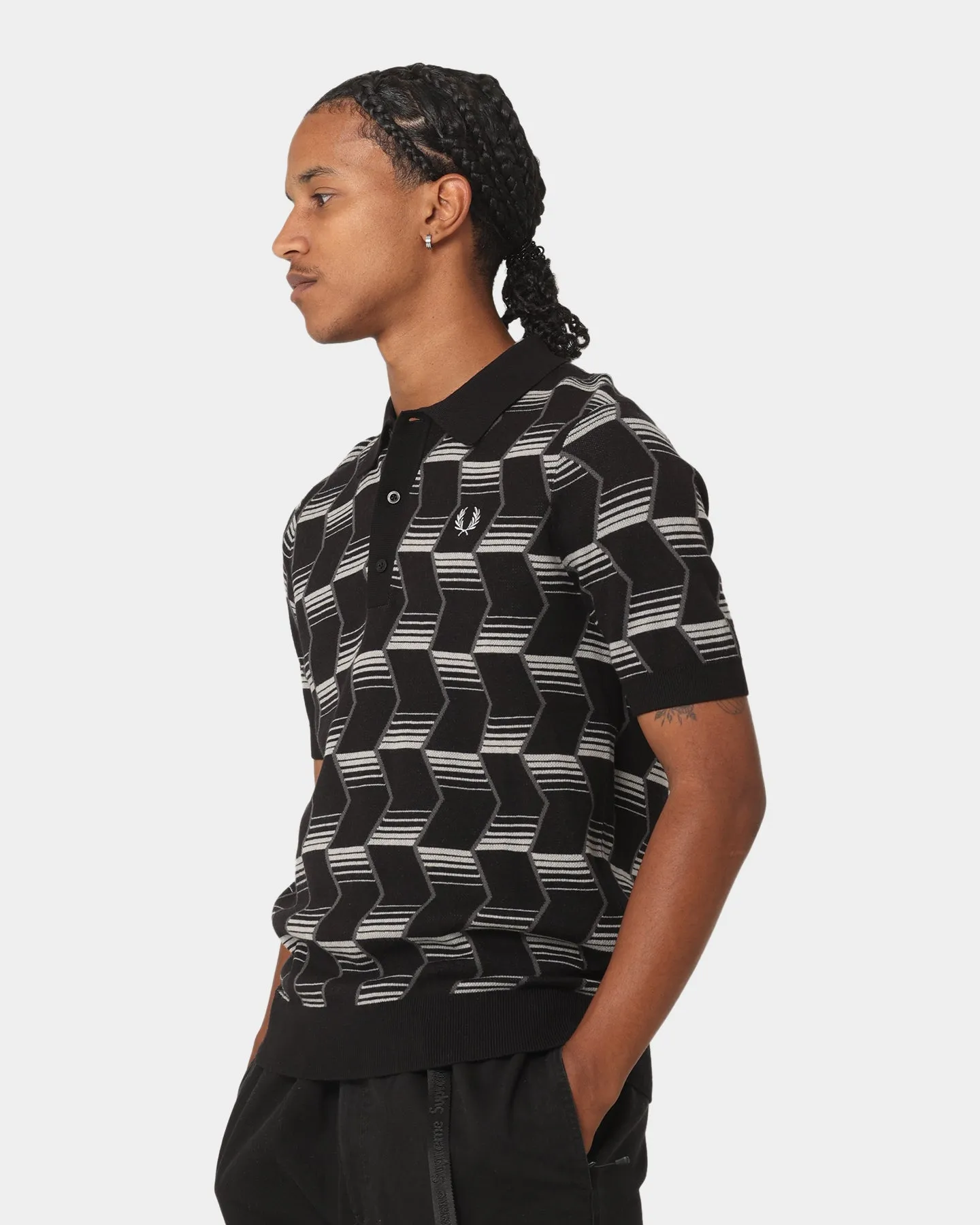 Fred Perry Chevron Stripe Knitted Polo Shirt Black