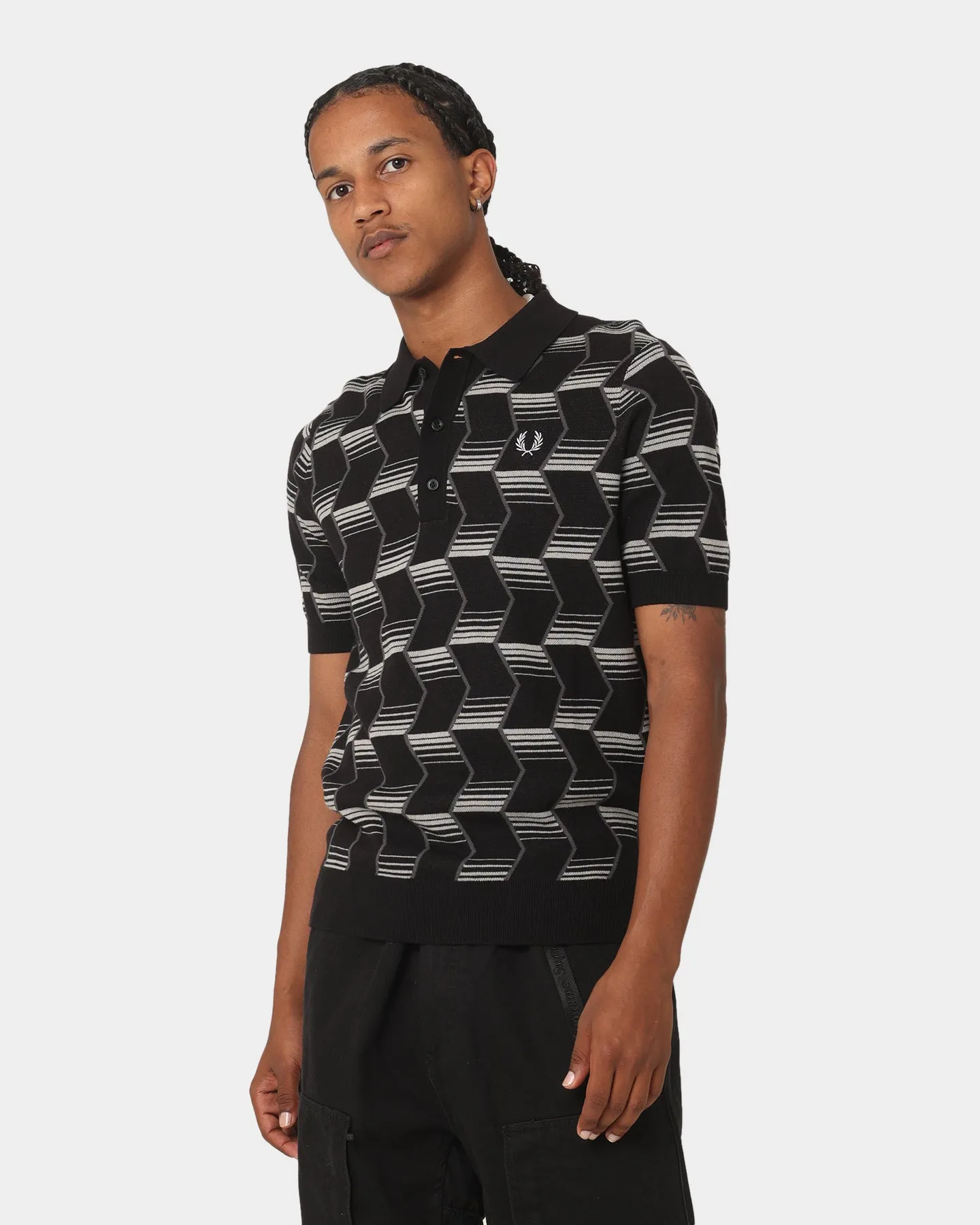 Fred Perry Chevron Stripe Knitted Polo Shirt Black
