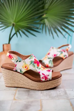 Freddie White Floral Wedge Sandals