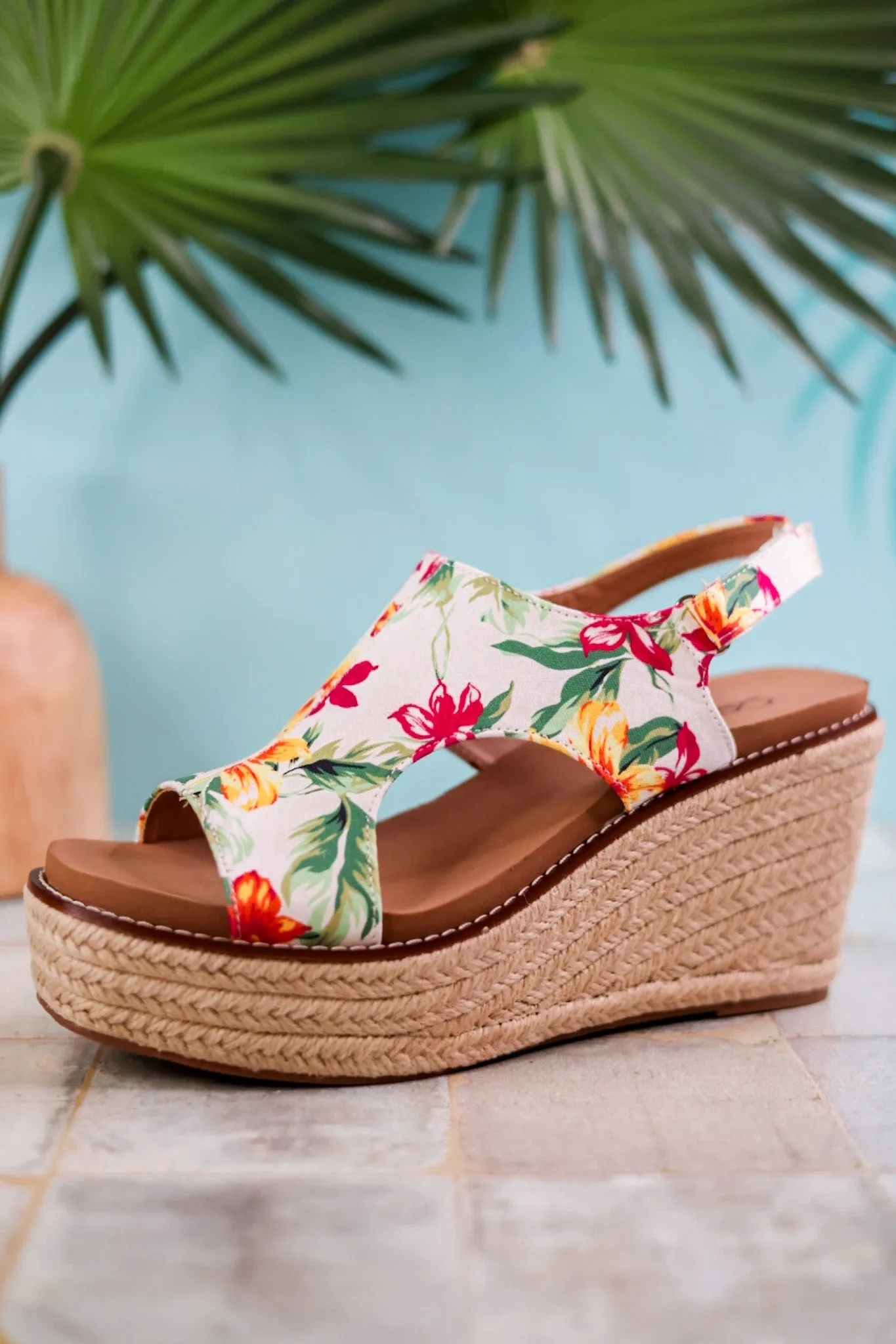 Freddie White Floral Wedge Sandals