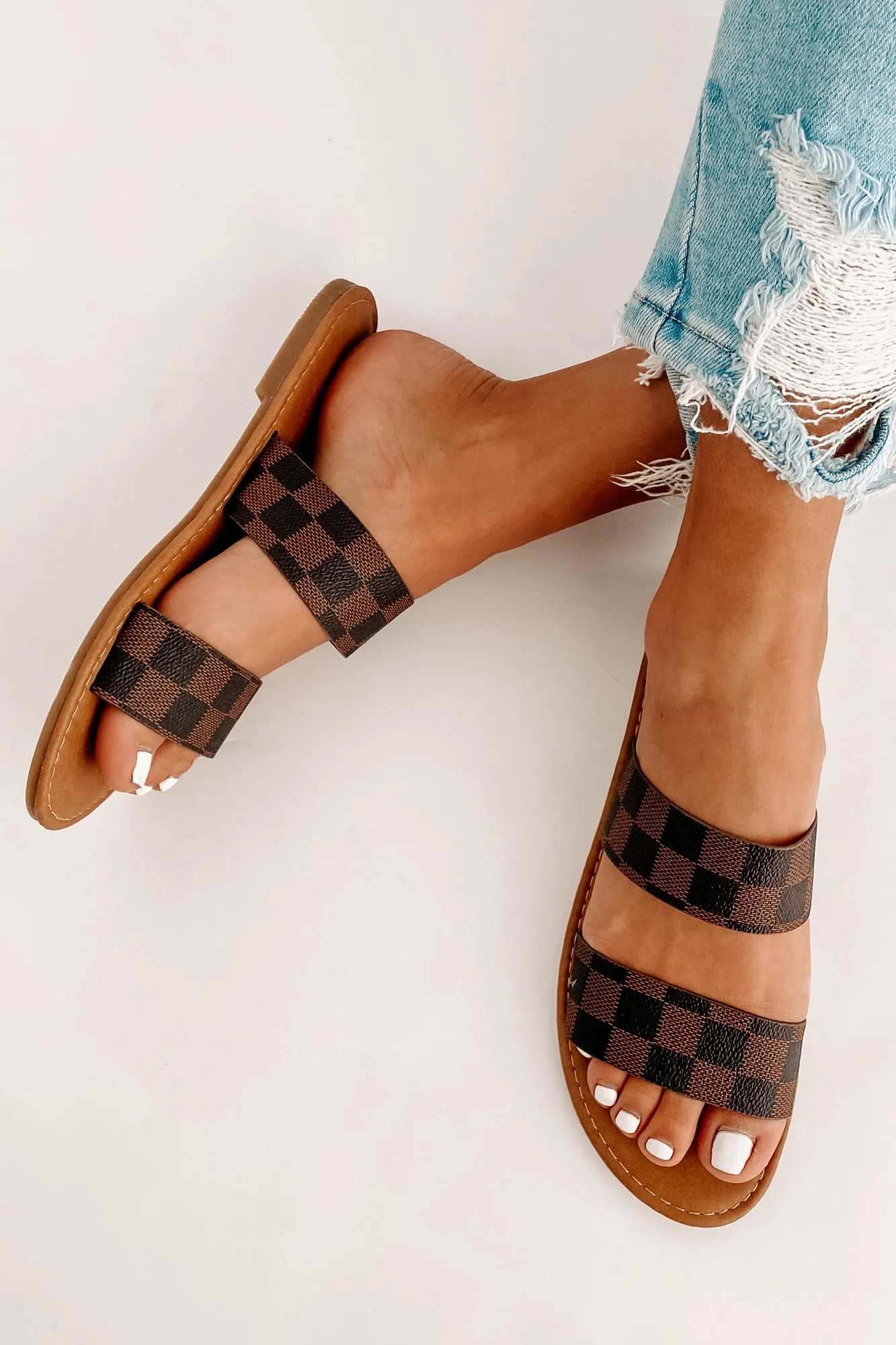 IMPERFECT Trendy Traditions Checkered Print Double Strap Sandals (Brown)