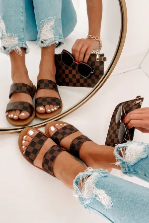 IMPERFECT Trendy Traditions Checkered Print Double Strap Sandals (Brown)