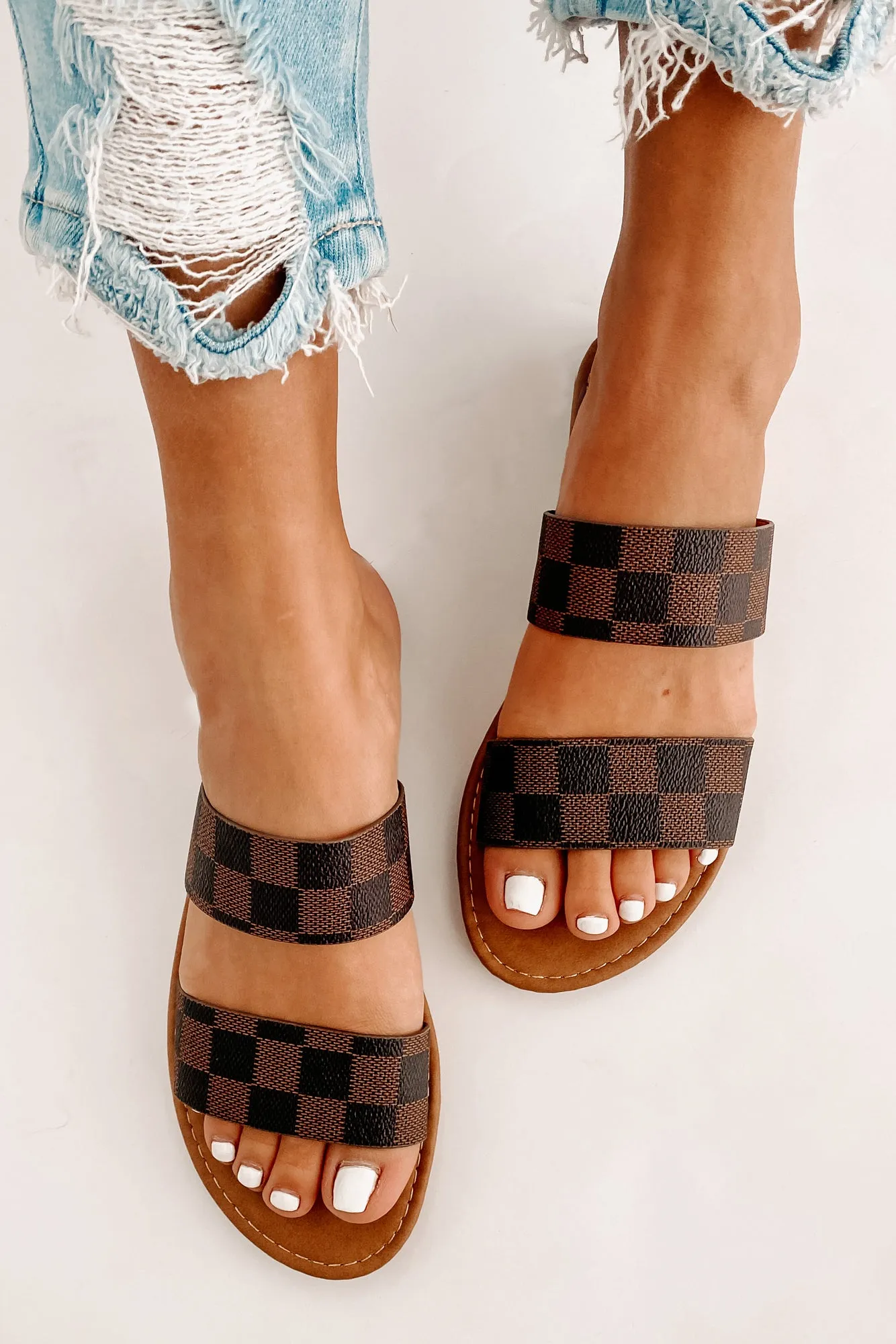 IMPERFECT Trendy Traditions Checkered Print Double Strap Sandals (Brown)