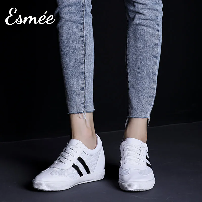 Invisible Increased-height 6 cm White Leather Sneakers with Mesh