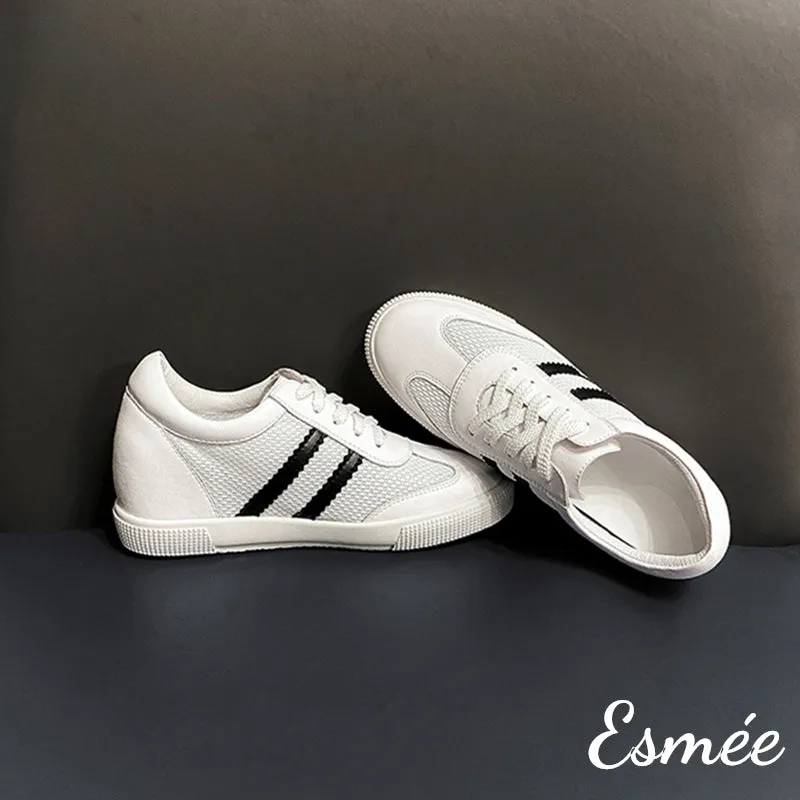 Invisible Increased-height 6 cm White Leather Sneakers with Mesh