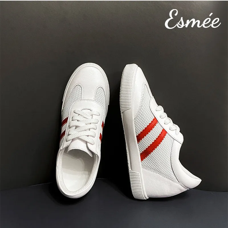 Invisible Increased-height 6 cm White Leather Sneakers with Mesh
