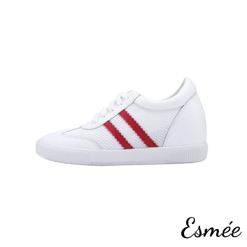 Invisible Increased-height 6 cm White Leather Sneakers with Mesh