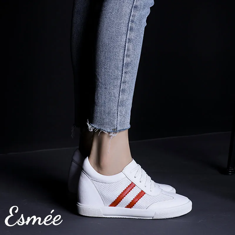 Invisible Increased-height 6 cm White Leather Sneakers with Mesh