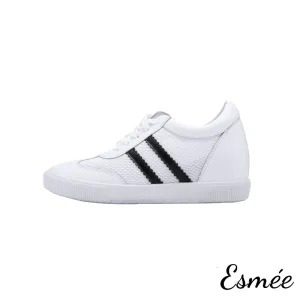 Invisible Increased-height 6 cm White Leather Sneakers with Mesh