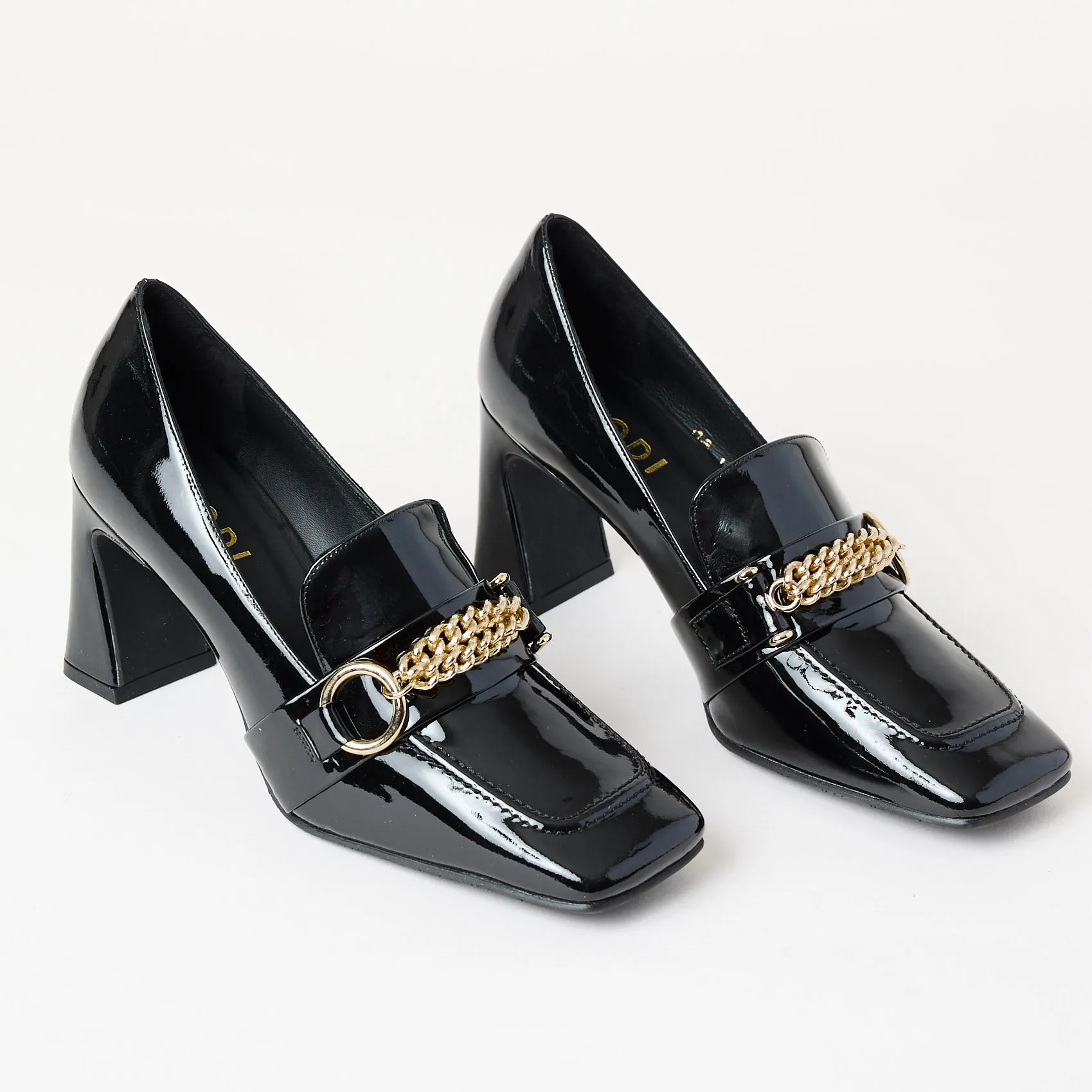 Lodi Black Patent Leather Heeled Brogues