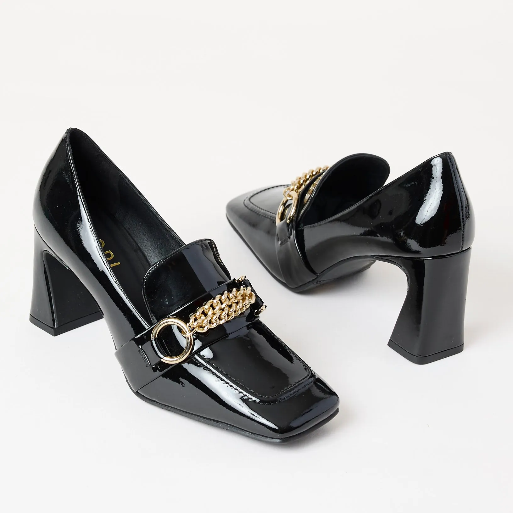 Lodi Black Patent Leather Heeled Brogues