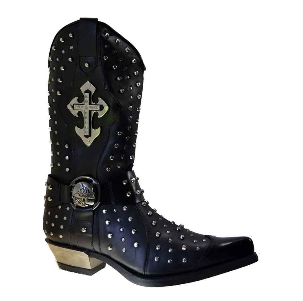 Men's Cowboy Boots Newrock M7954 Harness Black Leather Metal Stud Metal Cuban Heel size 40