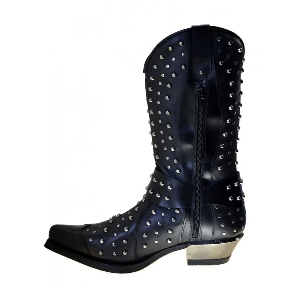 Men's Cowboy Boots Newrock M7954 Harness Black Leather Metal Stud Metal Cuban Heel size 40