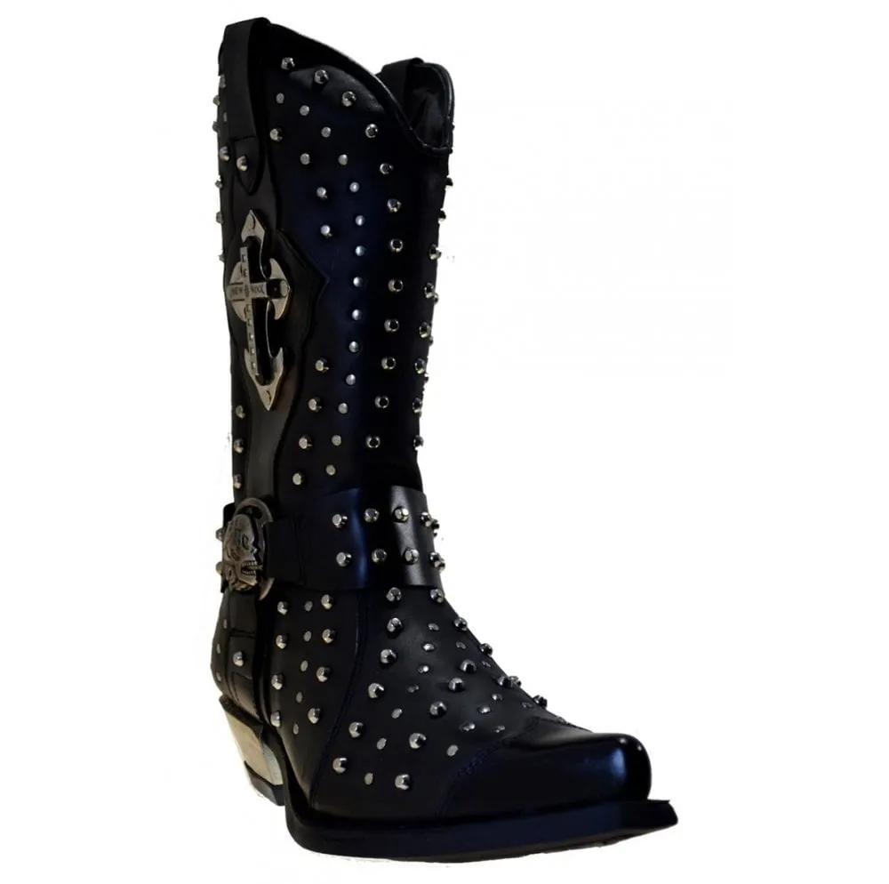 Men's Cowboy Boots Newrock M7954 Harness Black Leather Metal Stud Metal Cuban Heel size 40