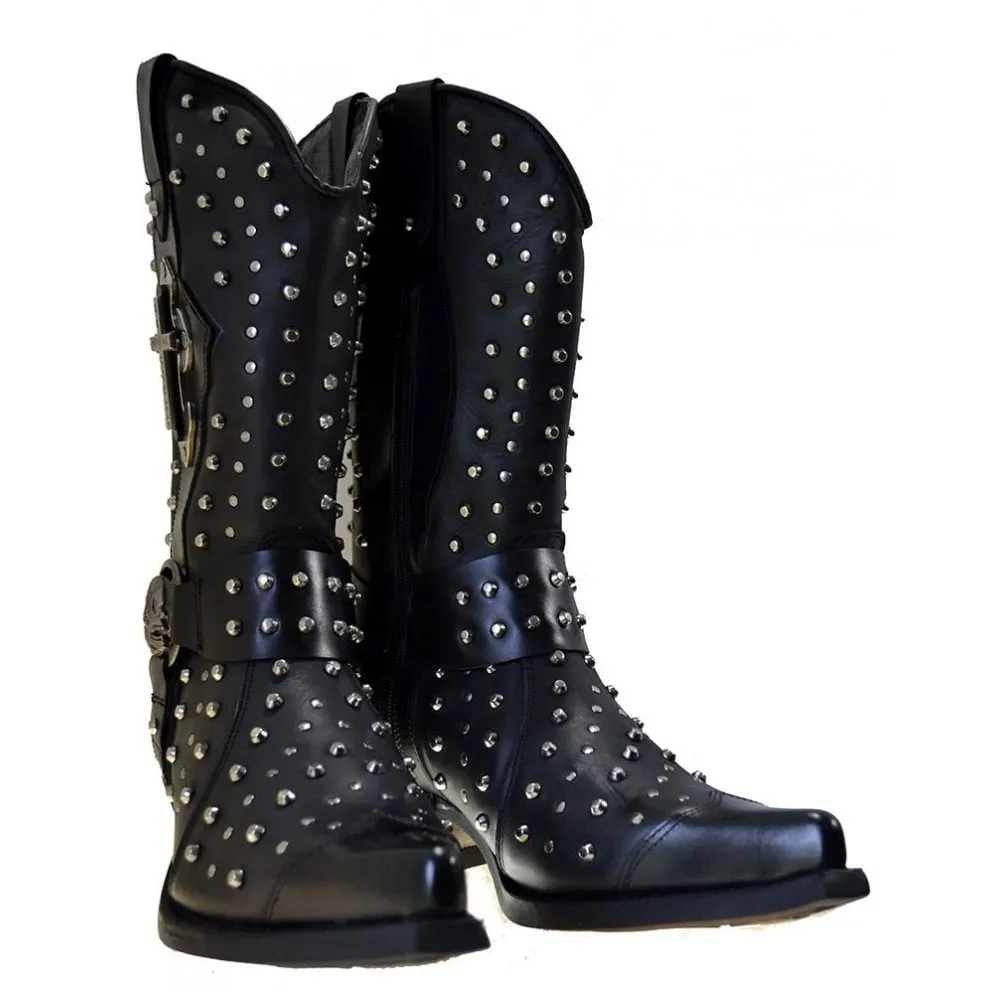 Men's Cowboy Boots Newrock M7954 Harness Black Leather Metal Stud Metal Cuban Heel size 40