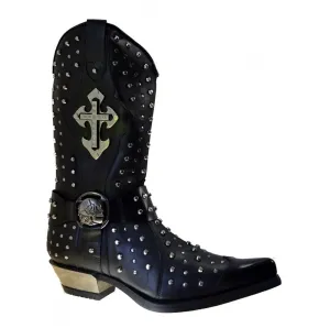 Men's Cowboy Boots Newrock M7954 Harness Black Leather Metal Stud Metal Cuban Heel size 40