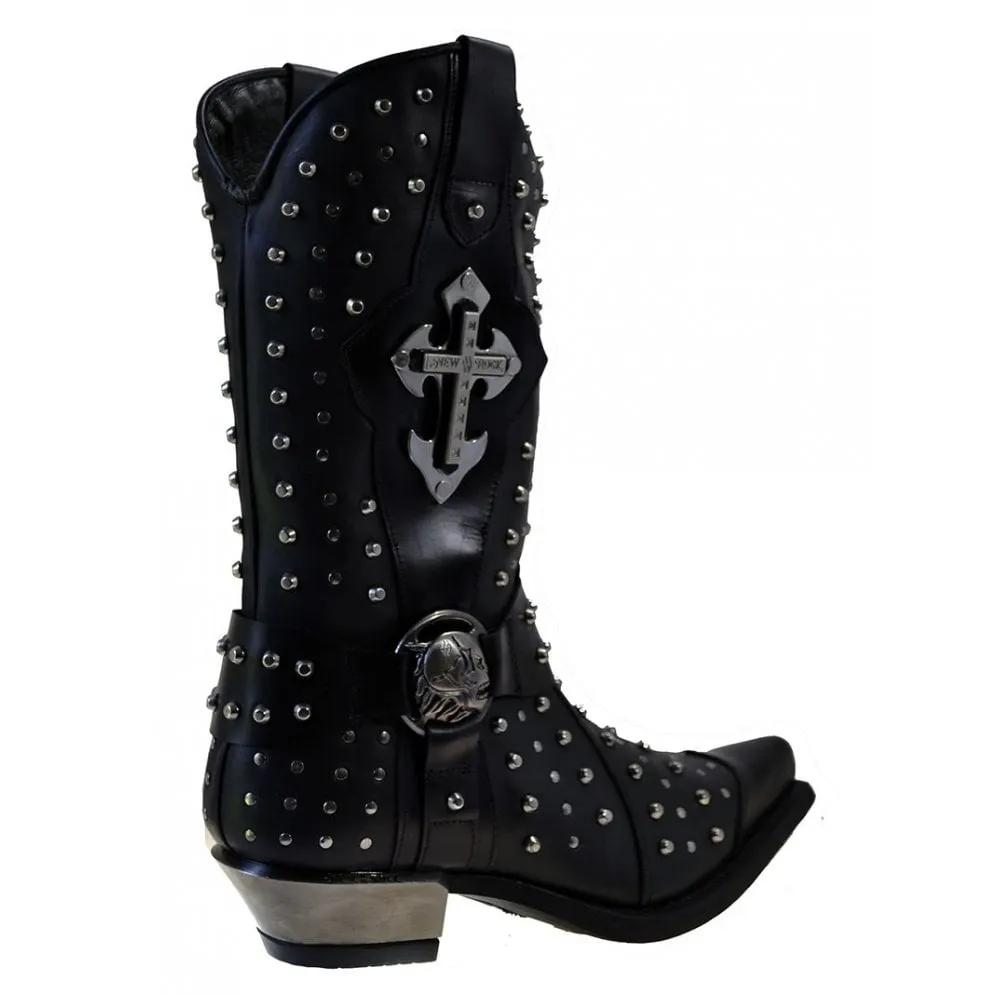 Men's Cowboy Boots Newrock M7954 Harness Black Leather Metal Stud Metal Cuban Heel size 40