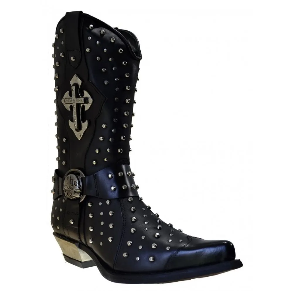 Men's Cowboy Boots Newrock M7954 Harness Black Leather Metal Stud Metal Cuban Heel size 40