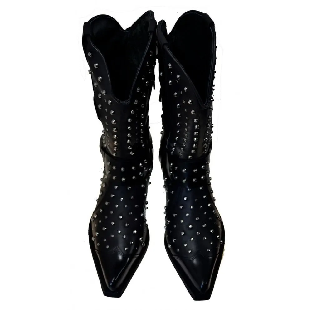 Men's Cowboy Boots Newrock M7954 Harness Black Leather Metal Stud Metal Cuban Heel size 40