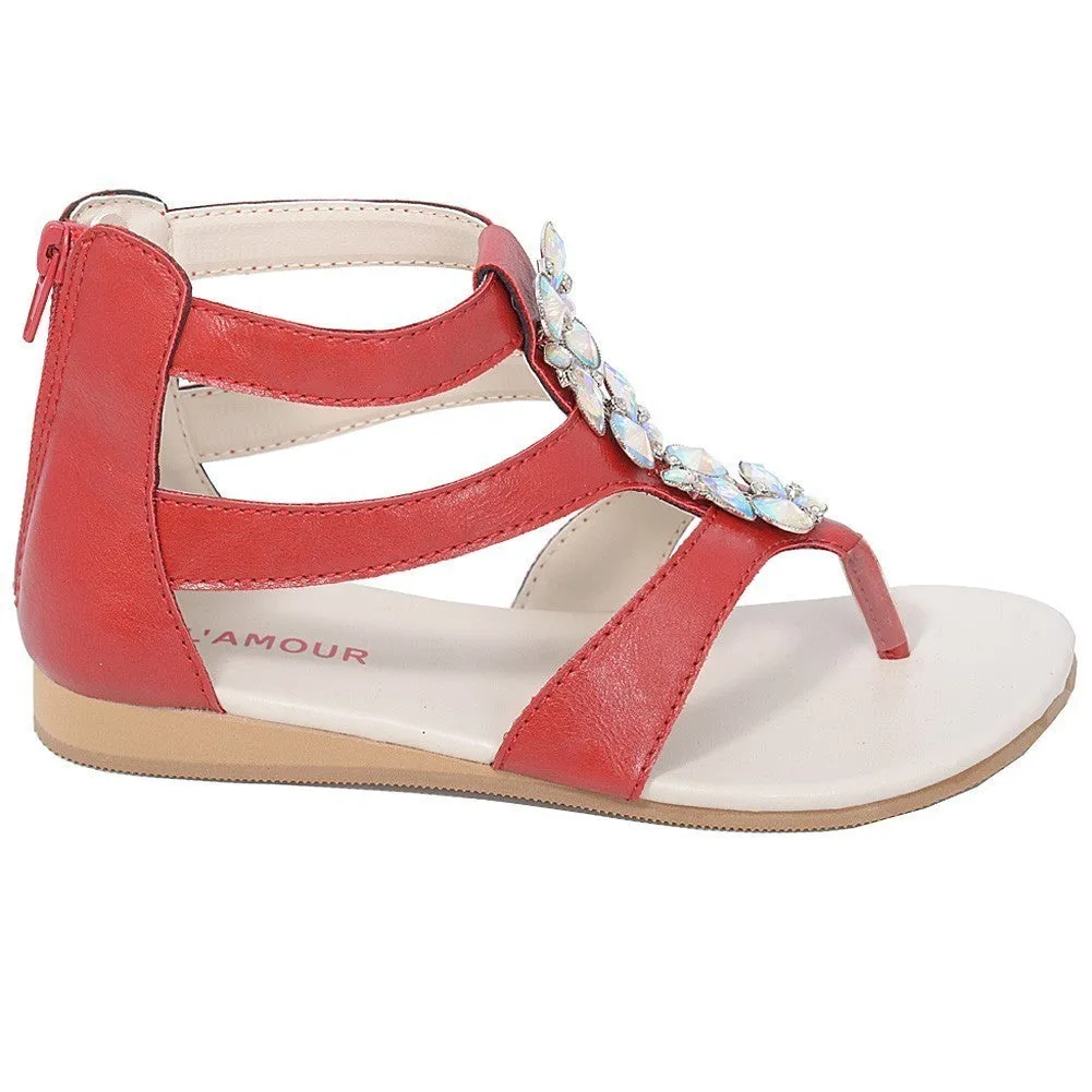 Red Jeweled Gladiator T Strap Sandal Little Girl 11-4