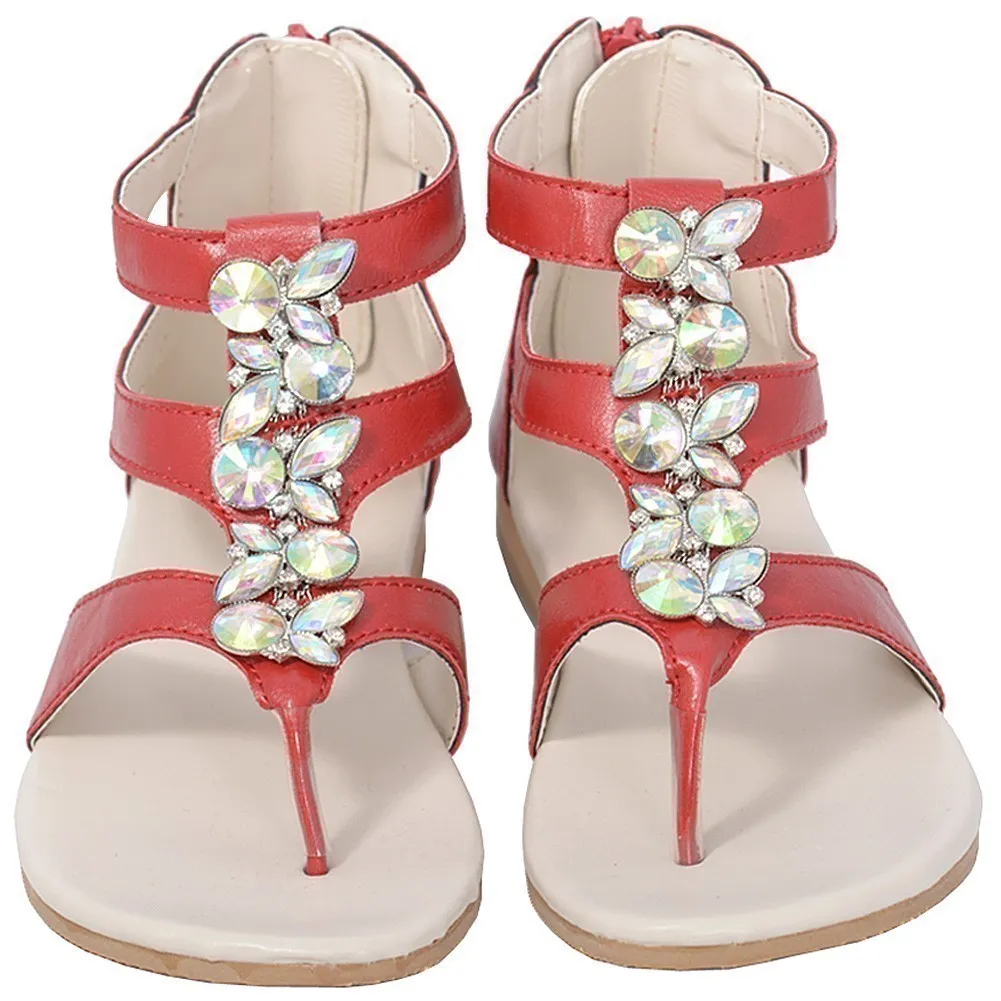 Red Jeweled Gladiator T Strap Sandal Little Girl 11-4