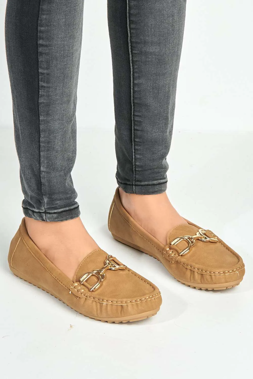 Ruby Square Toe Loafers with Metal Link Detail in Nude