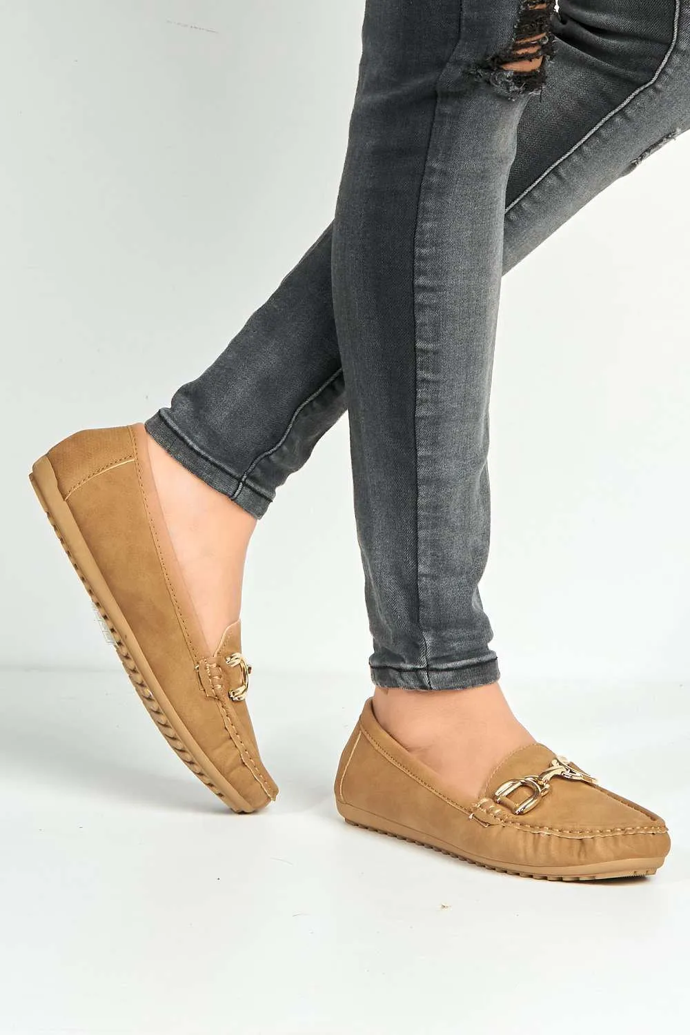 Ruby Square Toe Loafers with Metal Link Detail in Nude