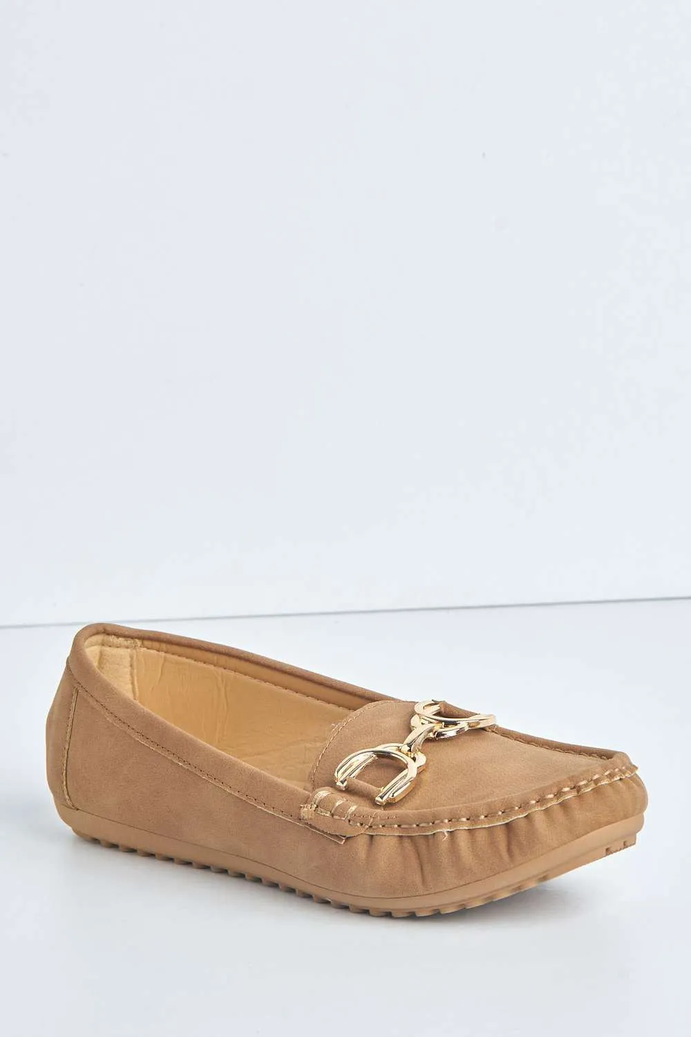 Ruby Square Toe Loafers with Metal Link Detail in Nude