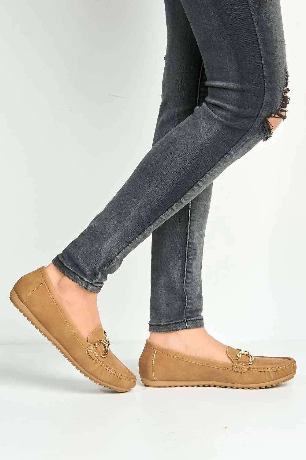 Ruby Square Toe Loafers with Metal Link Detail in Nude