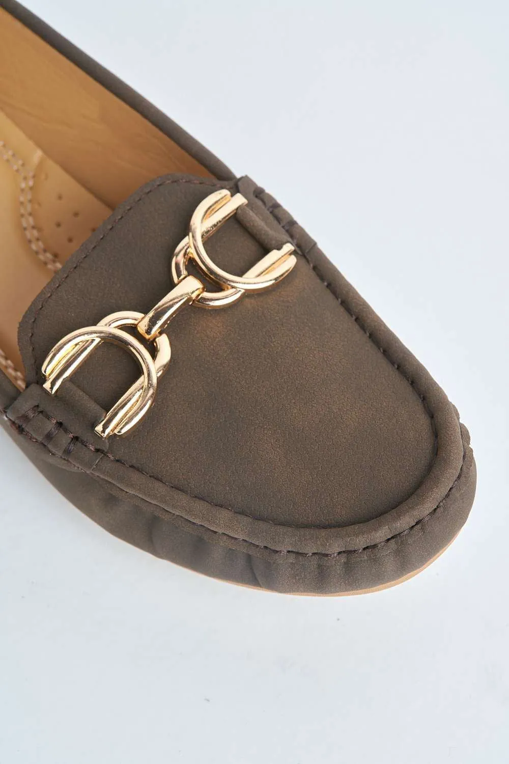 Ruby Square Toe Loafers with Metal Link Detail in Taupe