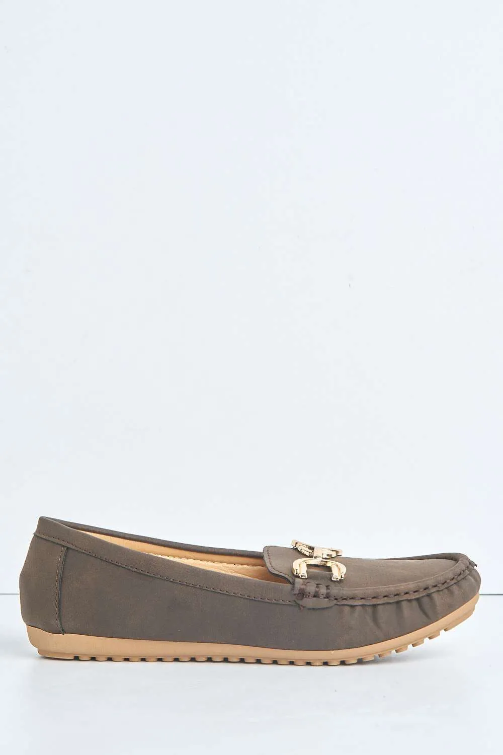 Ruby Square Toe Loafers with Metal Link Detail in Taupe