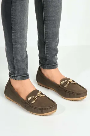 Ruby Square Toe Loafers with Metal Link Detail in Taupe