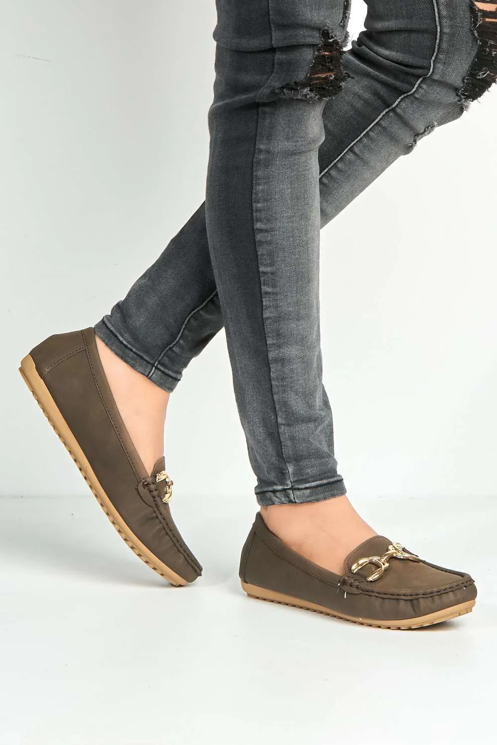 Ruby Square Toe Loafers with Metal Link Detail in Taupe