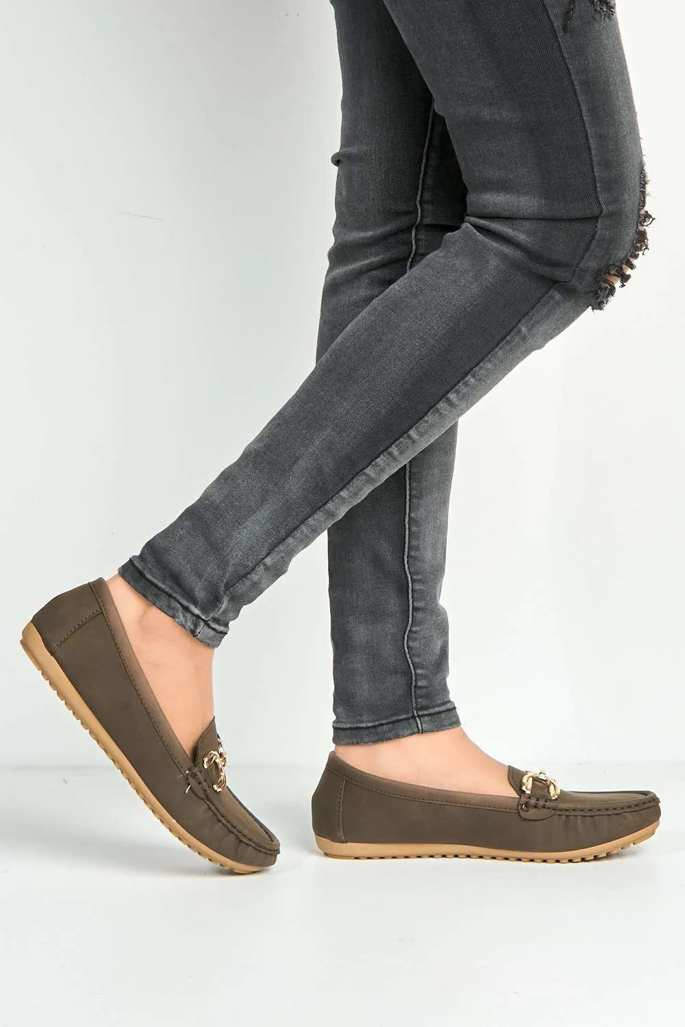 Ruby Square Toe Loafers with Metal Link Detail in Taupe