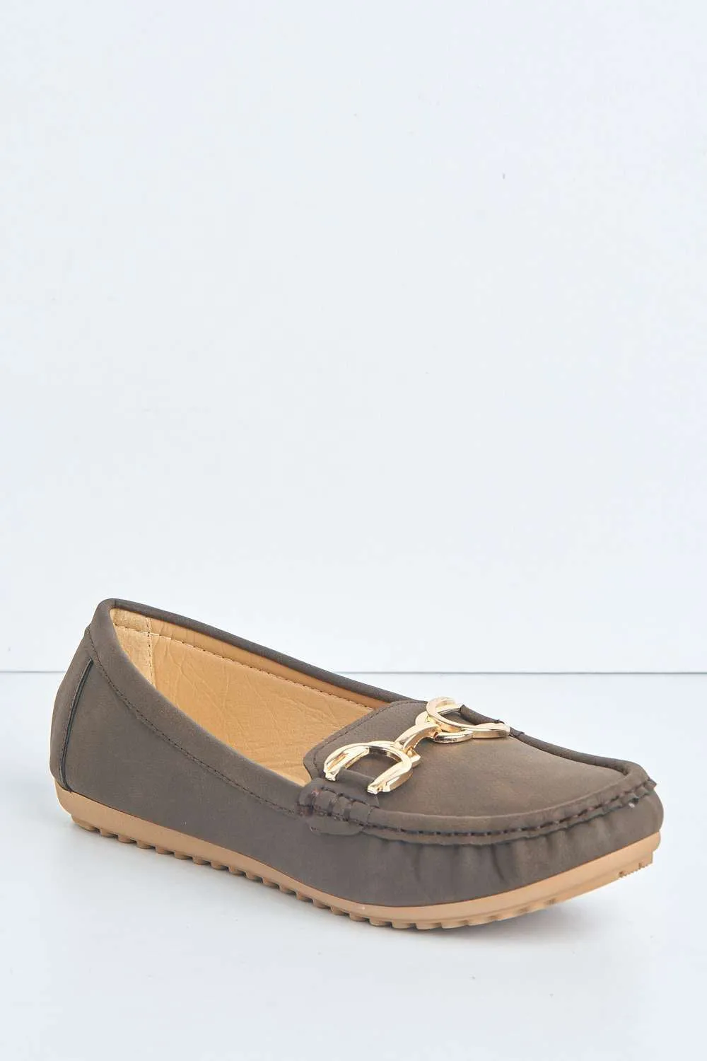 Ruby Square Toe Loafers with Metal Link Detail in Taupe
