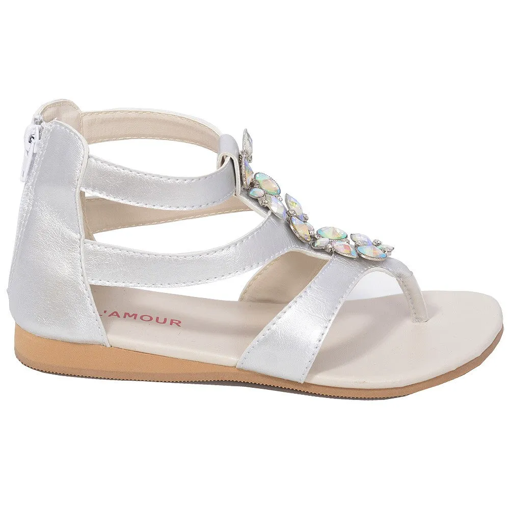 Silver Jeweled Gladiator T Strap Sandal Toddler Girl 7-10